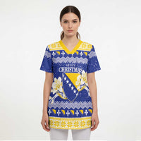 Personalized Bosnia and Herzegovina Christmas Scrub Top Coat Of Arms Srecan Bozic - Wonder Print Shop