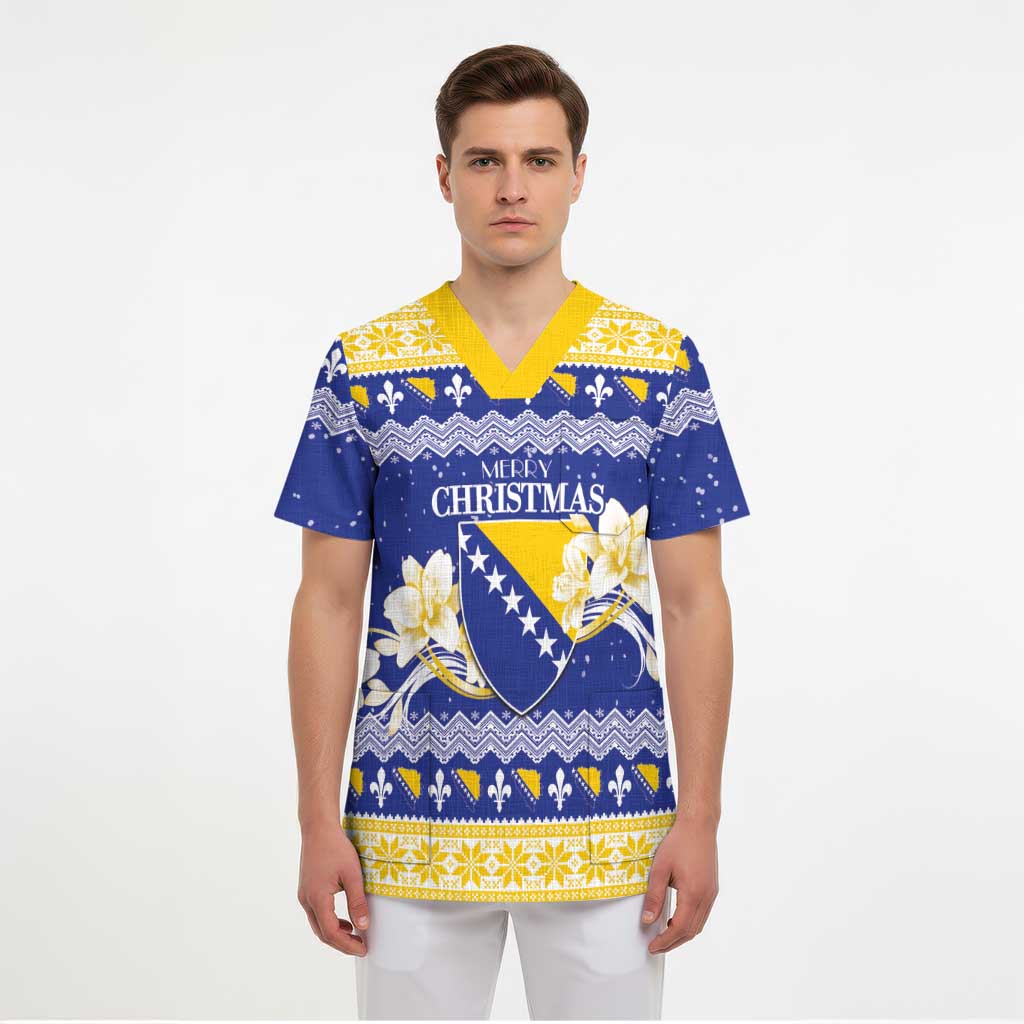 Personalized Bosnia and Herzegovina Christmas Scrub Top Coat Of Arms Srecan Bozic - Wonder Print Shop