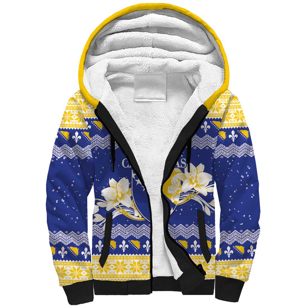 Personalized Bosnia and Herzegovina Christmas Sherpa Hoodie Coat Of Arms Srecan Bozic - Wonder Print Shop