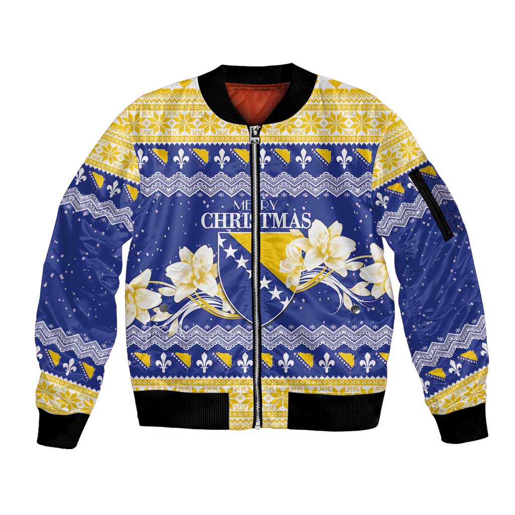 Personalized Bosnia and Herzegovina Christmas Sleeve Zip Bomber Jacket Coat Of Arms Srecan Bozic - Wonder Print Shop