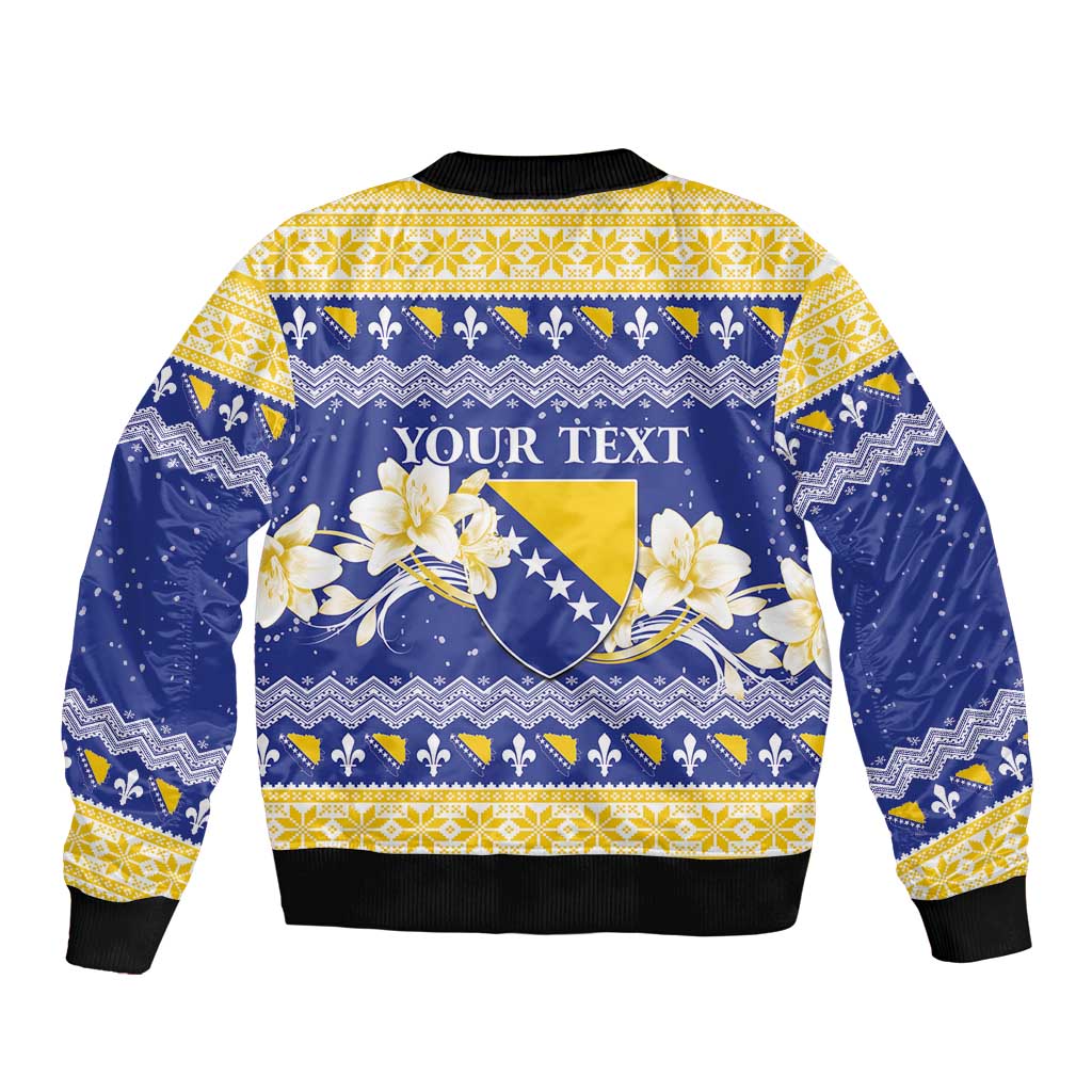 Personalized Bosnia and Herzegovina Christmas Sleeve Zip Bomber Jacket Coat Of Arms Srecan Bozic - Wonder Print Shop