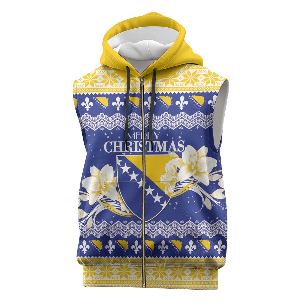 Personalized Bosnia and Herzegovina Christmas Sleeveless Zip Hoodie Coat Of Arms Srecan Bozic - Wonder Print Shop