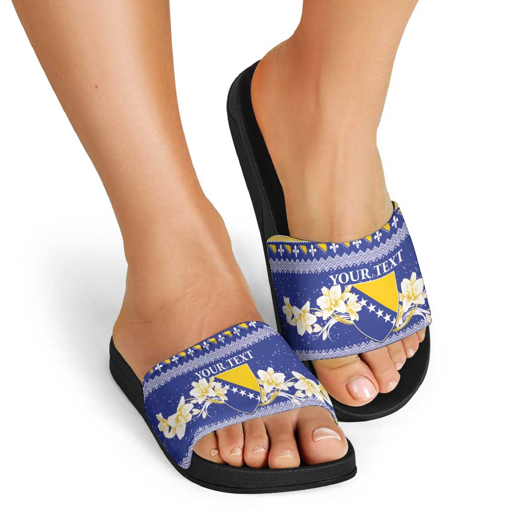 Personalized Bosnia and Herzegovina Christmas Slide Sandals Coat Of Arms Srecan Bozic - Wonder Print Shop
