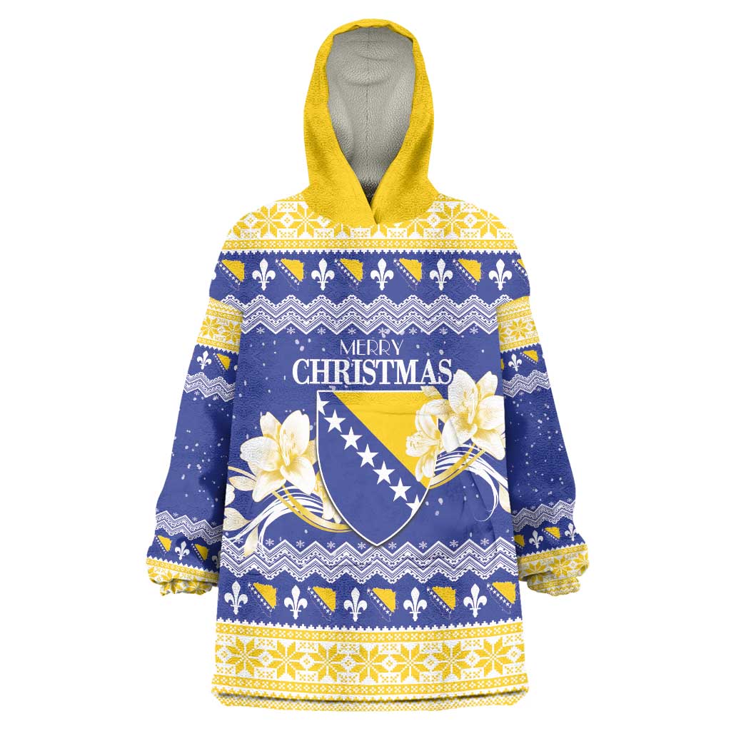 Personalized Bosnia and Herzegovina Christmas Wearable Blanket Hoodie Coat Of Arms Srecan Bozic - Wonder Print Shop