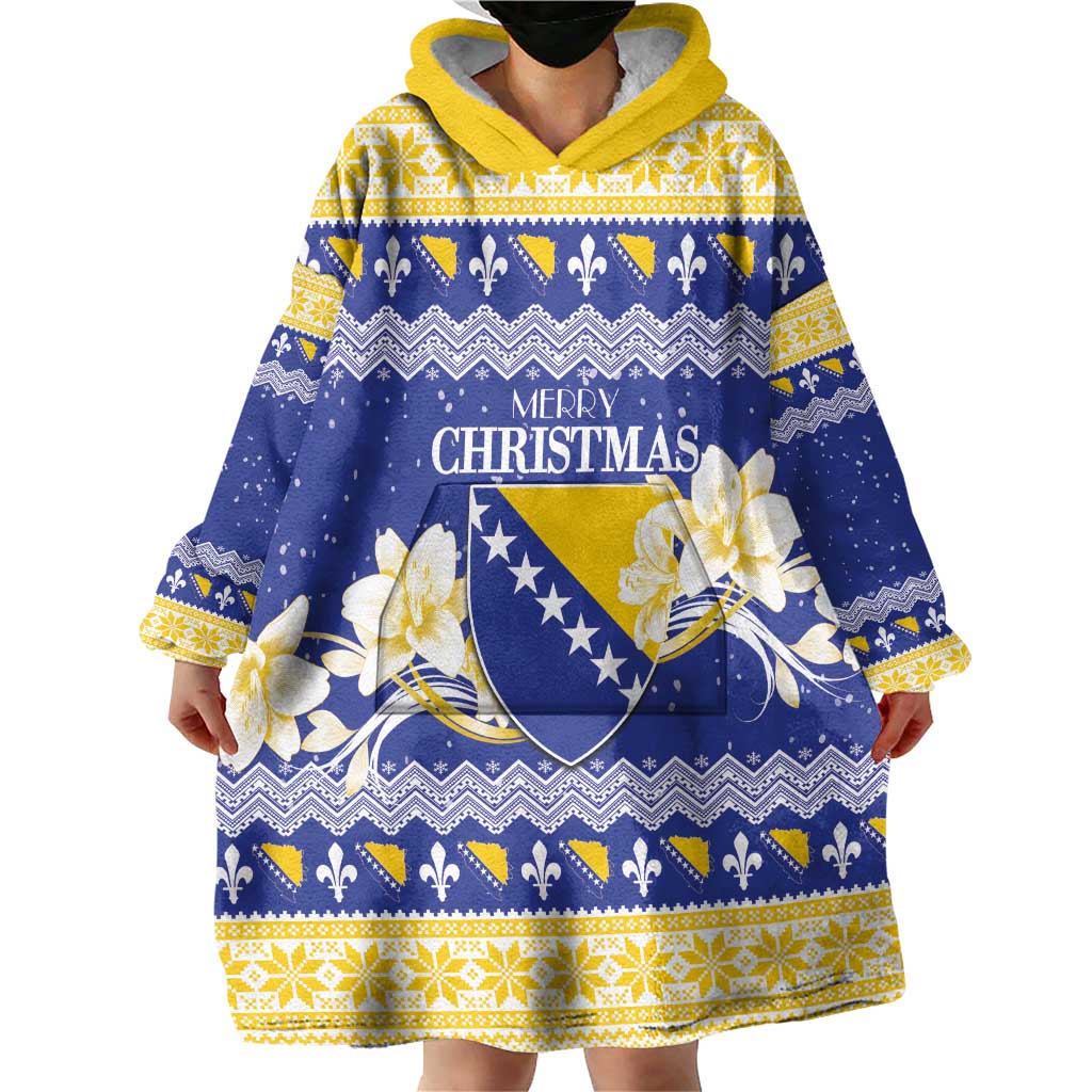 Personalized Bosnia and Herzegovina Christmas Wearable Blanket Hoodie Coat Of Arms Srecan Bozic - Wonder Print Shop