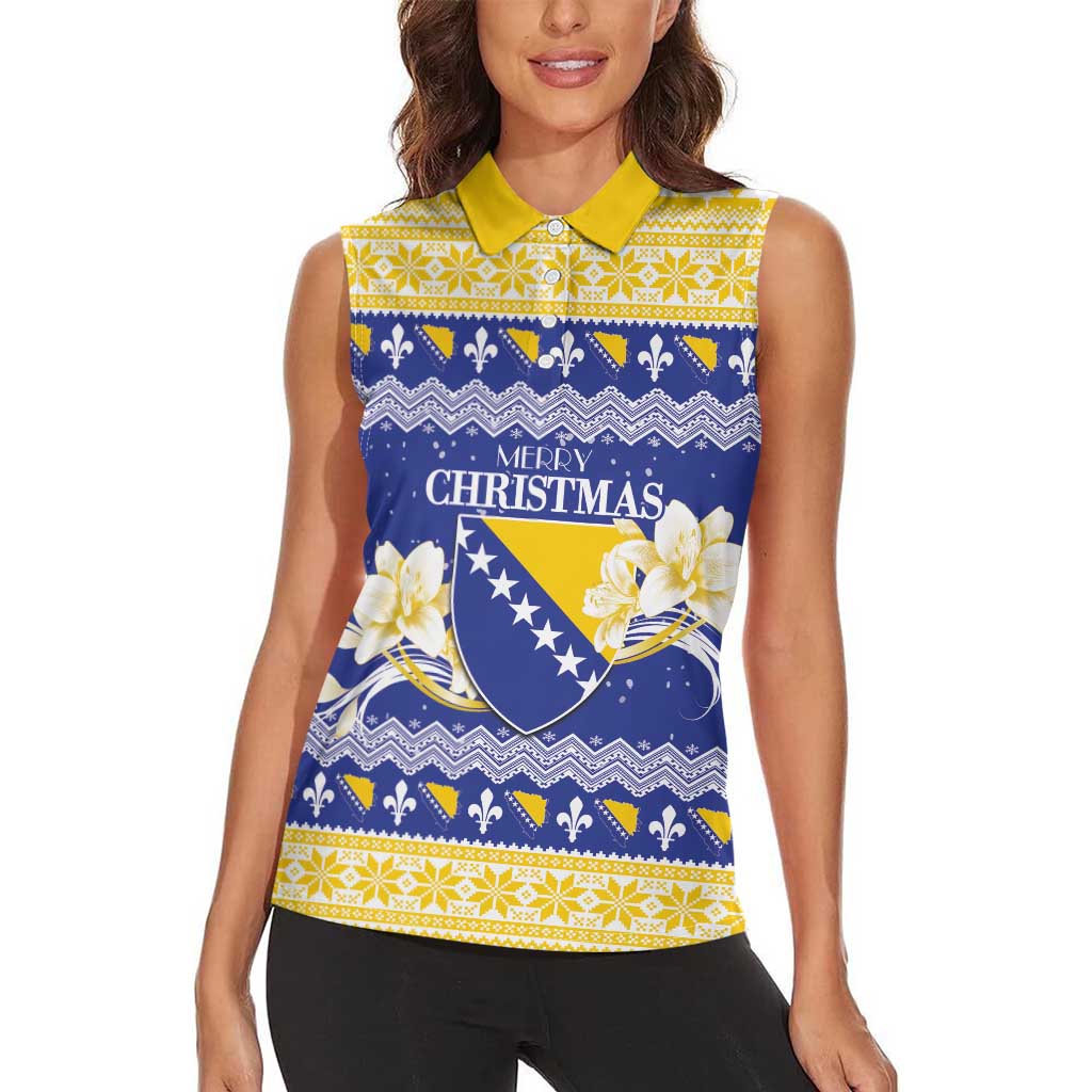 Personalized Bosnia and Herzegovina Christmas Women Sleeveless Polo Shirt Coat Of Arms Srecan Bozic - Wonder Print Shop