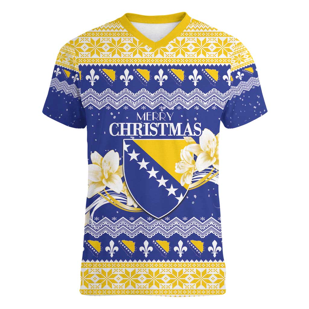Personalized Bosnia and Herzegovina Christmas Women V-Neck T-Shirt Coat Of Arms Srecan Bozic - Wonder Print Shop
