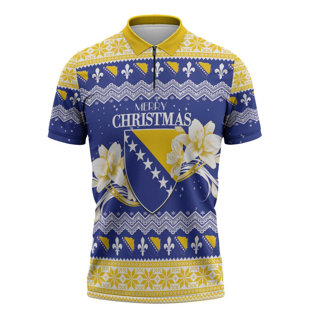 Personalized Bosnia and Herzegovina Christmas Zipper Polo Shirt Coat Of Arms Srecan Bozic - Wonder Print Shop