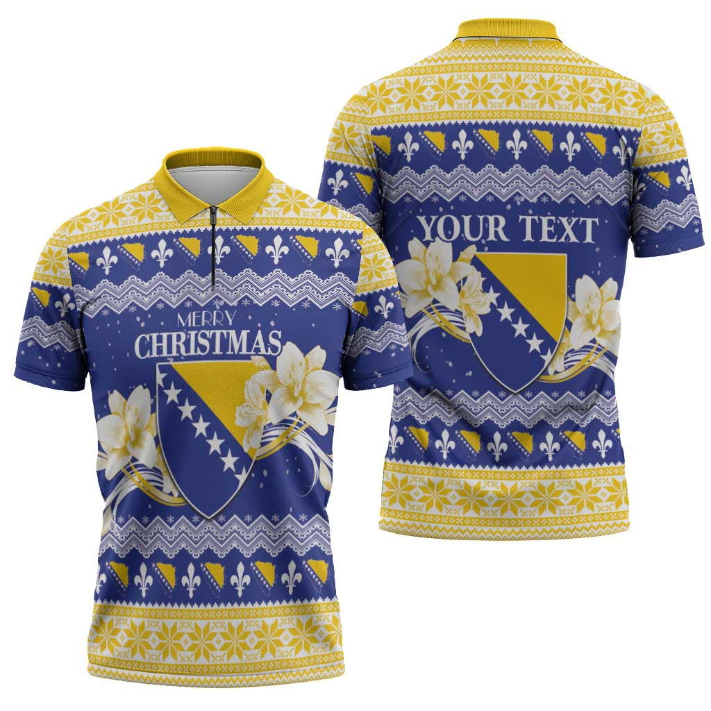 Personalized Bosnia and Herzegovina Christmas Zipper Polo Shirt Coat Of Arms Srecan Bozic - Wonder Print Shop