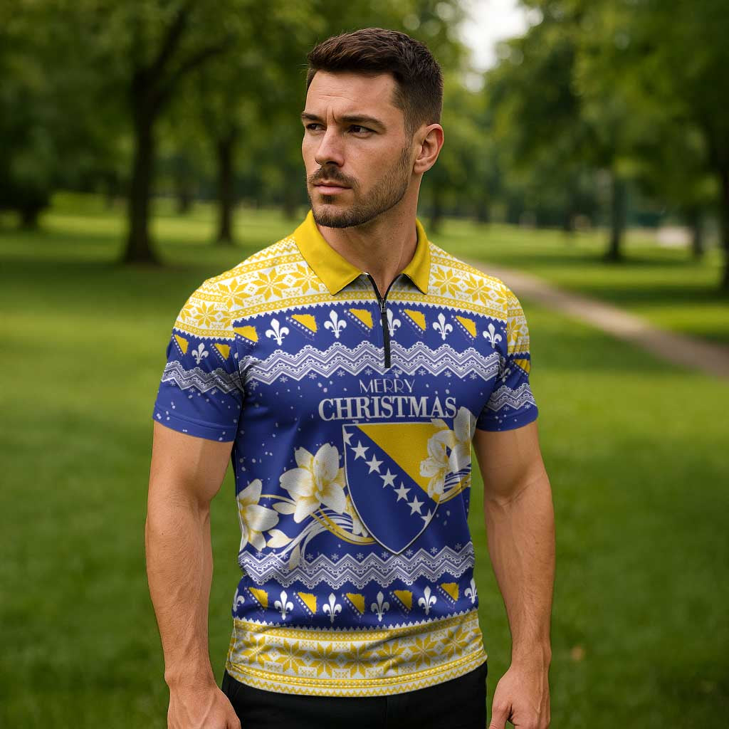 Personalized Bosnia and Herzegovina Christmas Zipper Polo Shirt Coat Of Arms Srecan Bozic - Wonder Print Shop