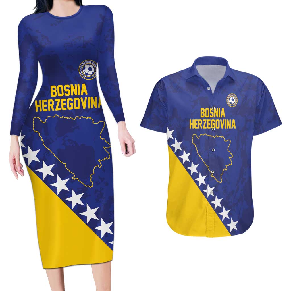 Custom Bosnia and Herzegovina Football Couples Matching Long Sleeve Bodycon Dress and Hawaiian Shirt Go Champion Sporty Style - Wonder Print Shop
