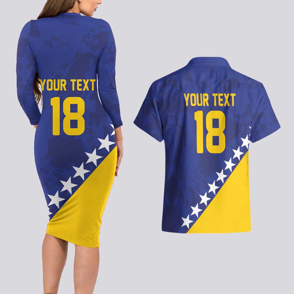 Custom Bosnia and Herzegovina Football Couples Matching Long Sleeve Bodycon Dress and Hawaiian Shirt Go Champion Sporty Style - Wonder Print Shop
