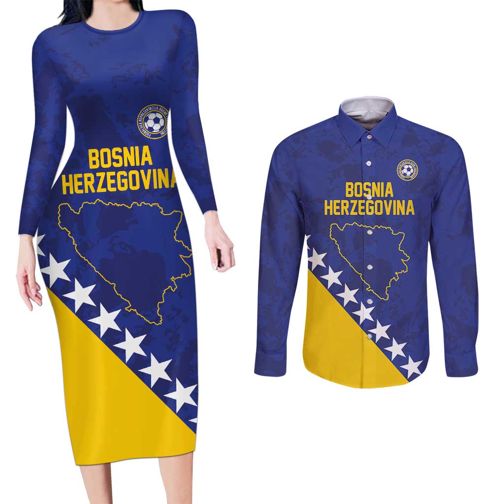 Custom Bosnia and Herzegovina Football Couples Matching Long Sleeve Bodycon Dress and Long Sleeve Button Shirt Go Champion Sporty Style - Wonder Print Shop