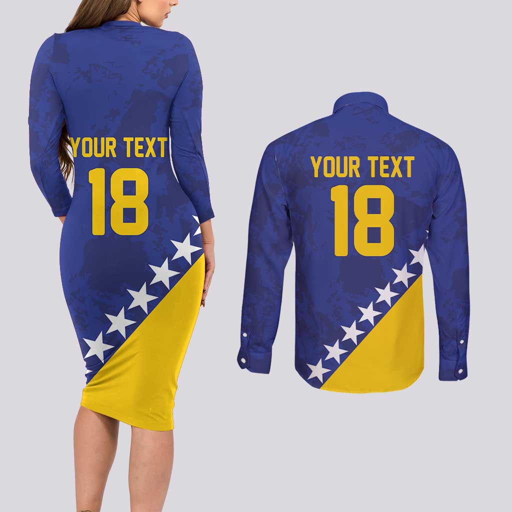 Custom Bosnia and Herzegovina Football Couples Matching Long Sleeve Bodycon Dress and Long Sleeve Button Shirt Go Champion Sporty Style - Wonder Print Shop