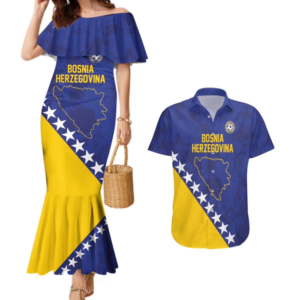 Custom Bosnia and Herzegovina Football Couples Matching Mermaid Dress and Hawaiian Shirt Go Champion Sporty Style - Wonder Print Shop