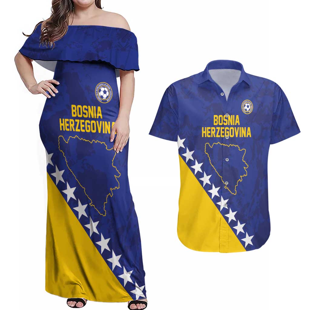 Custom Bosnia and Herzegovina Football Couples Matching Off Shoulder Maxi Dress and Hawaiian Shirt Go Champion Sporty Style - Wonder Print Shop
