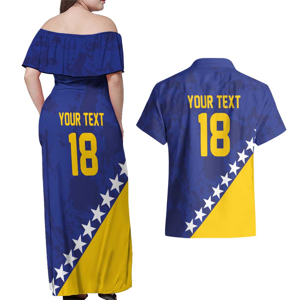 Custom Bosnia and Herzegovina Football Couples Matching Off Shoulder Maxi Dress and Hawaiian Shirt Go Champion Sporty Style - Wonder Print Shop