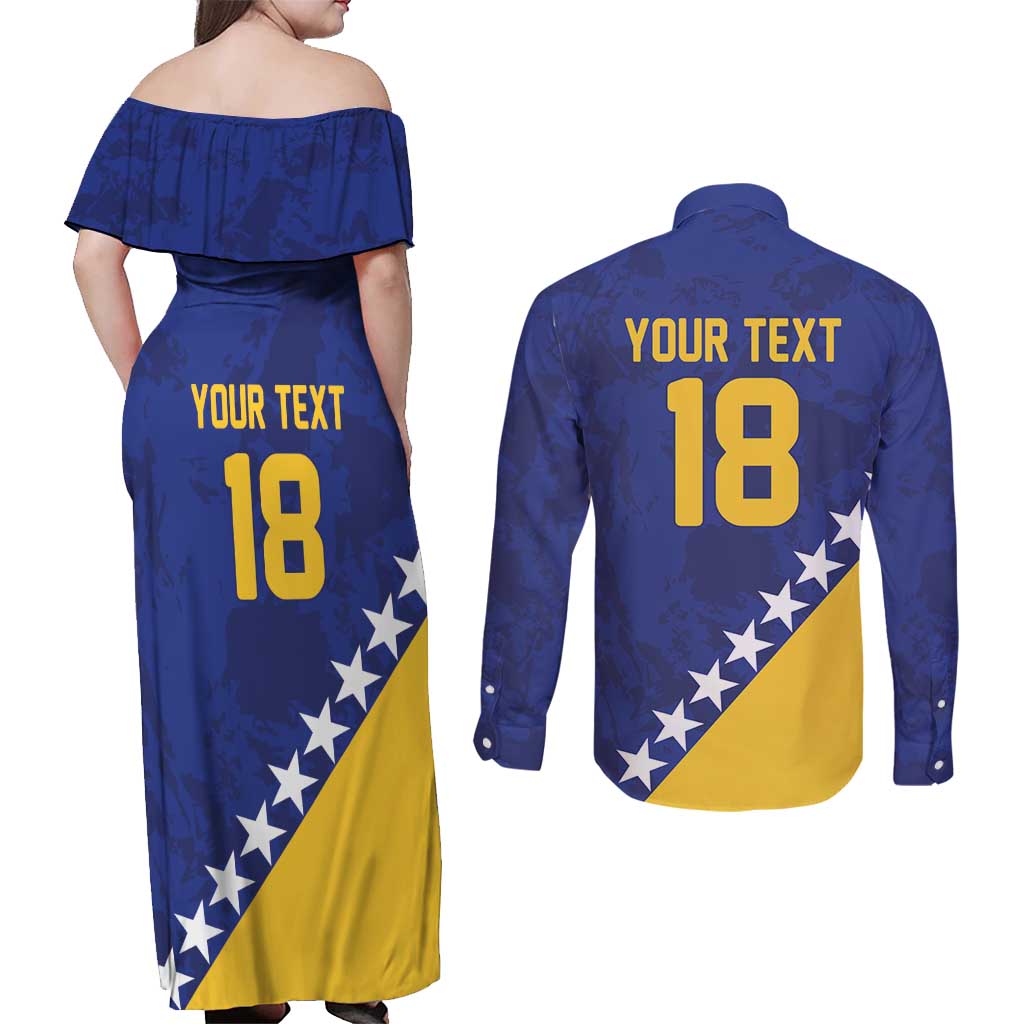 Custom Bosnia and Herzegovina Football Couples Matching Off Shoulder Maxi Dress and Long Sleeve Button Shirt Go Champion Sporty Style - Wonder Print Shop