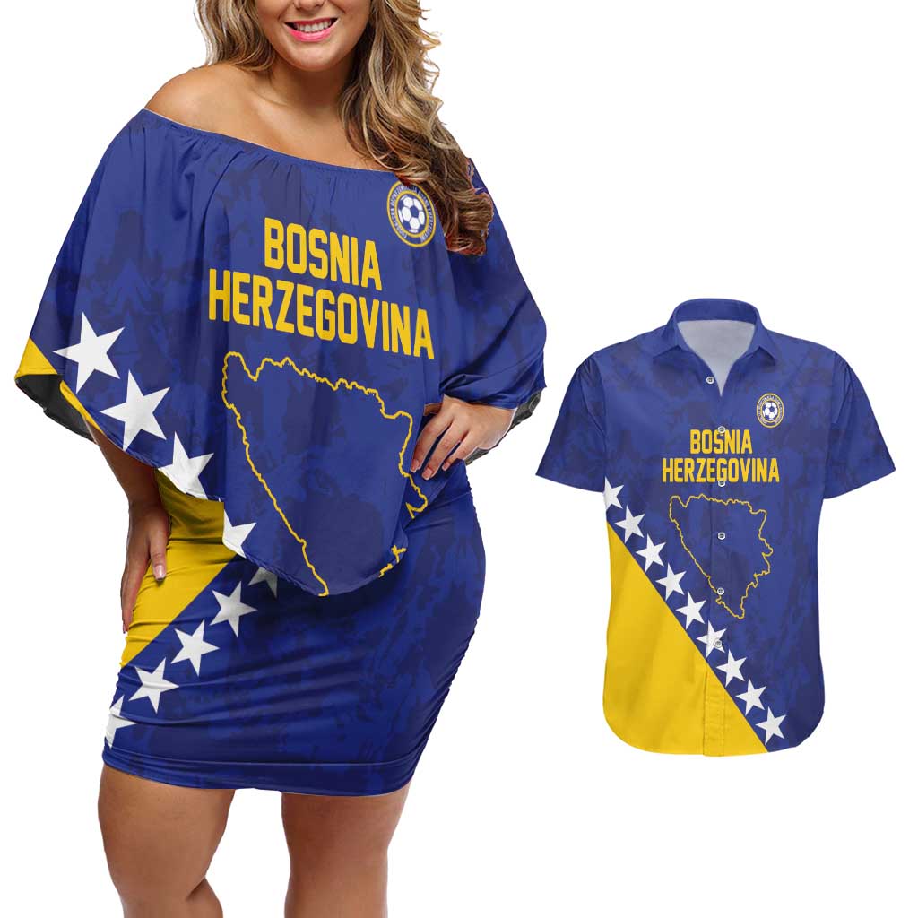 Custom Bosnia and Herzegovina Football Couples Matching Off Shoulder Short Dress and Hawaiian Shirt Go Champion Sporty Style - Wonder Print Shop