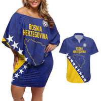 Custom Bosnia and Herzegovina Football Couples Matching Off Shoulder Short Dress and Hawaiian Shirt Go Champion Sporty Style - Wonder Print Shop