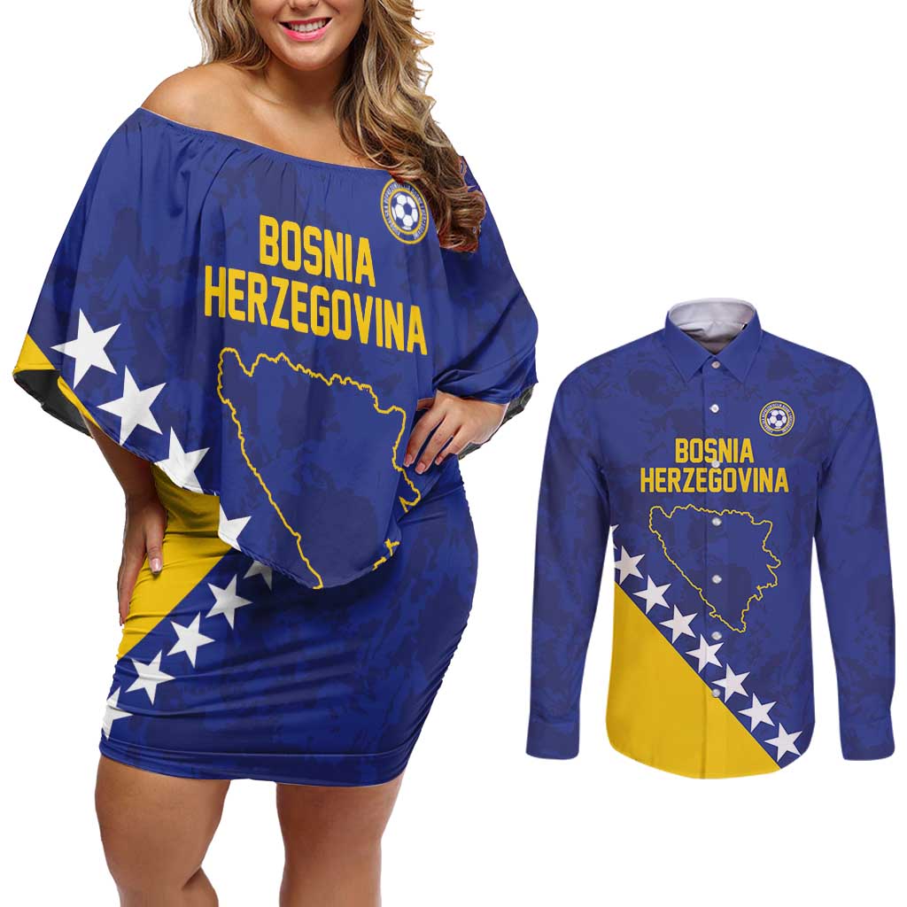 Custom Bosnia and Herzegovina Football Couples Matching Off Shoulder Short Dress and Long Sleeve Button Shirt Go Champion Sporty Style - Wonder Print Shop