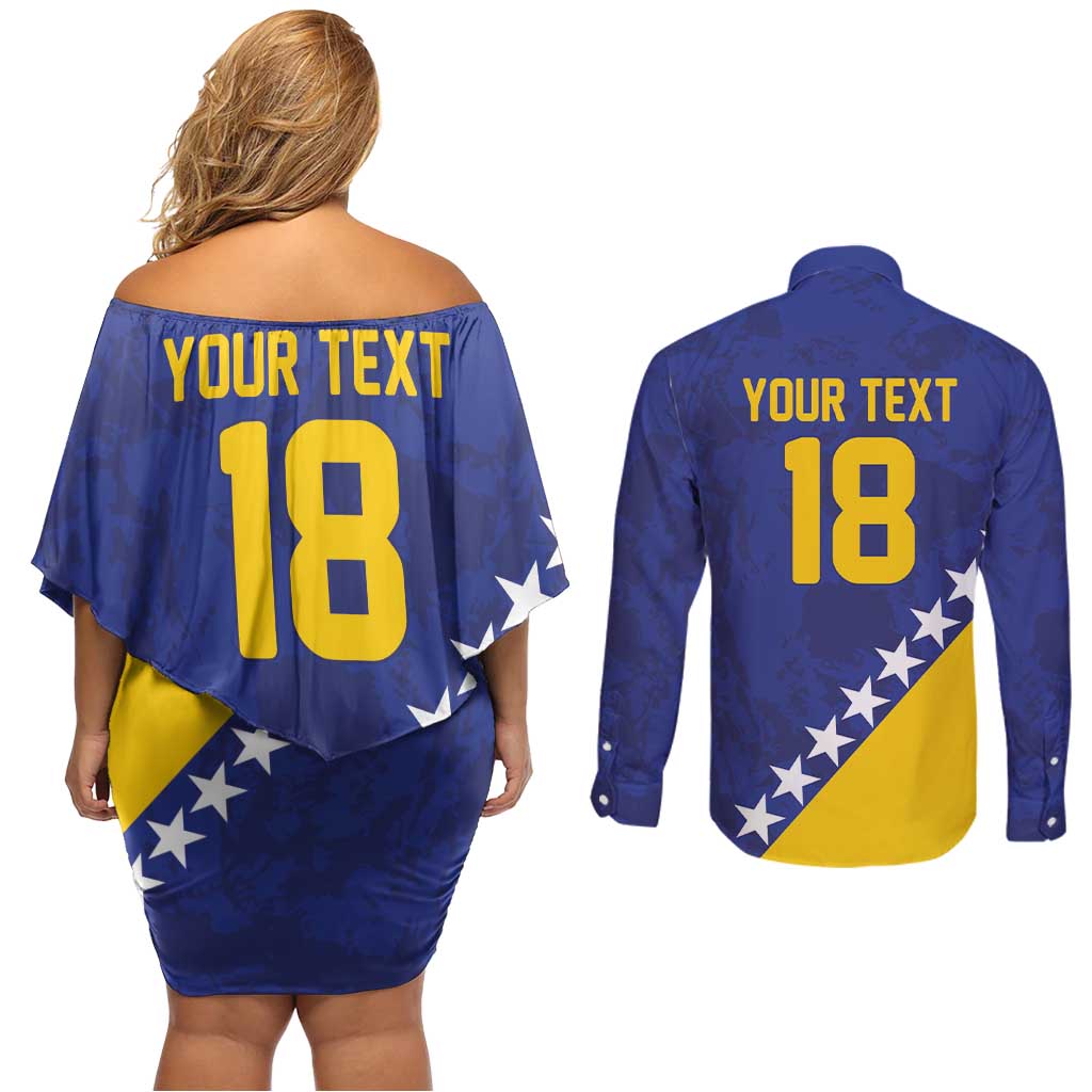 Custom Bosnia and Herzegovina Football Couples Matching Off Shoulder Short Dress and Long Sleeve Button Shirt Go Champion Sporty Style - Wonder Print Shop