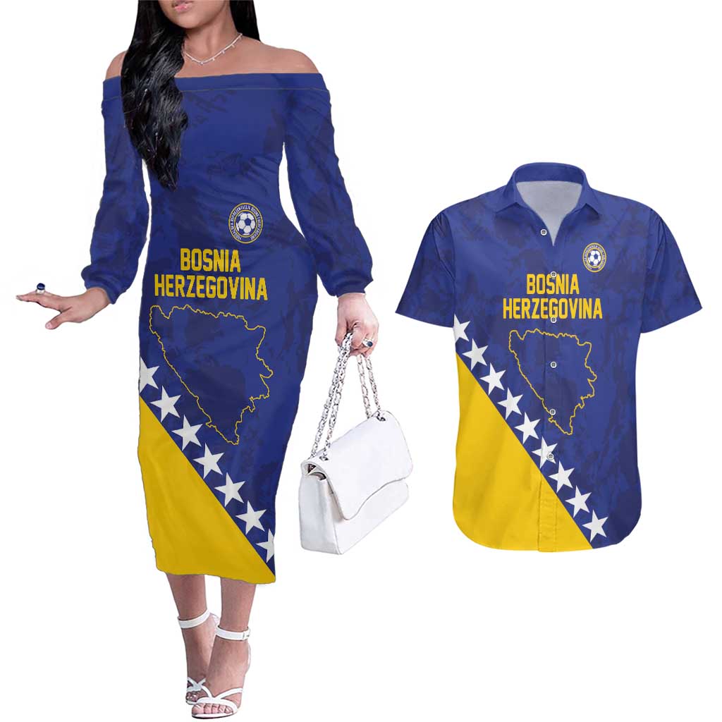 Custom Bosnia and Herzegovina Football Couples Matching Off The Shoulder Long Sleeve Dress and Hawaiian Shirt Go Champion Sporty Style - Wonder Print Shop