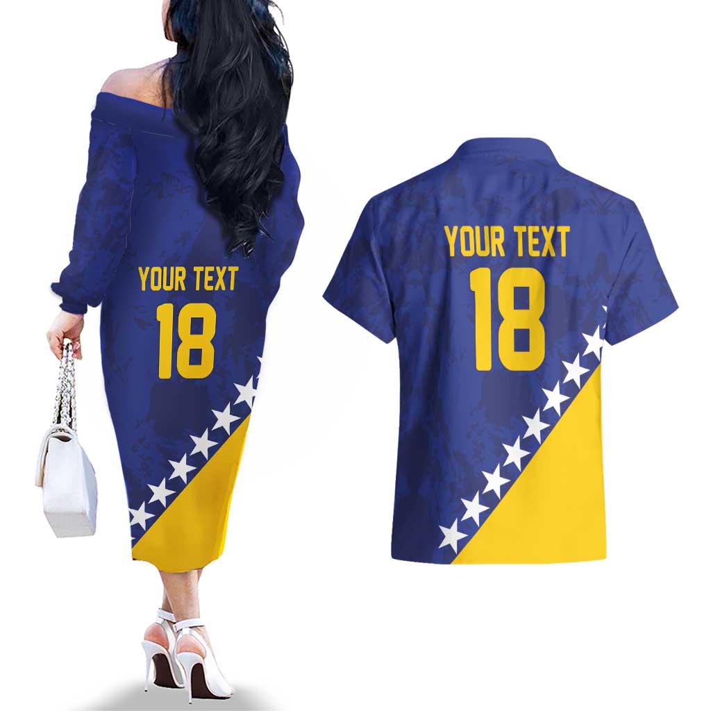 Custom Bosnia and Herzegovina Football Couples Matching Off The Shoulder Long Sleeve Dress and Hawaiian Shirt Go Champion Sporty Style - Wonder Print Shop