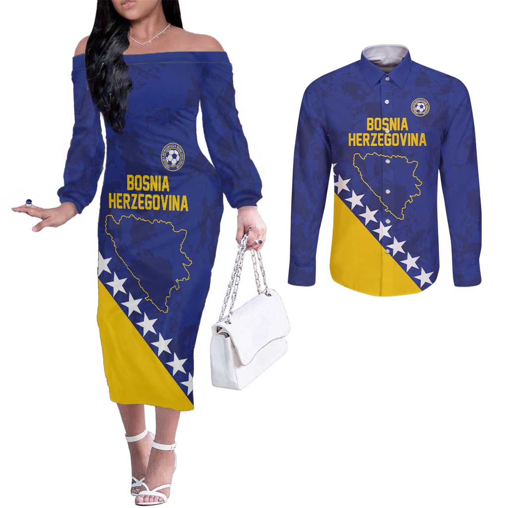Custom Bosnia and Herzegovina Football Couples Matching Off The Shoulder Long Sleeve Dress and Long Sleeve Button Shirt Go Champion Sporty Style - Wonder Print Shop