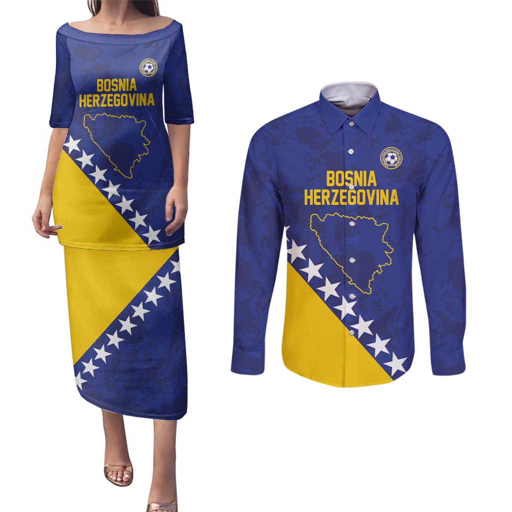 Custom Bosnia and Herzegovina Football Couples Matching Puletasi and Long Sleeve Button Shirt Go Champion Sporty Style - Wonder Print Shop