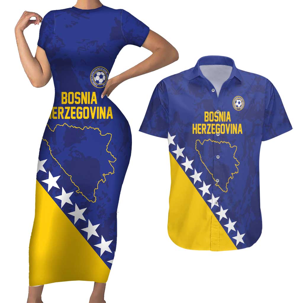 Custom Bosnia and Herzegovina Football Couples Matching Short Sleeve Bodycon Dress and Hawaiian Shirt Go Champion Sporty Style - Wonder Print Shop