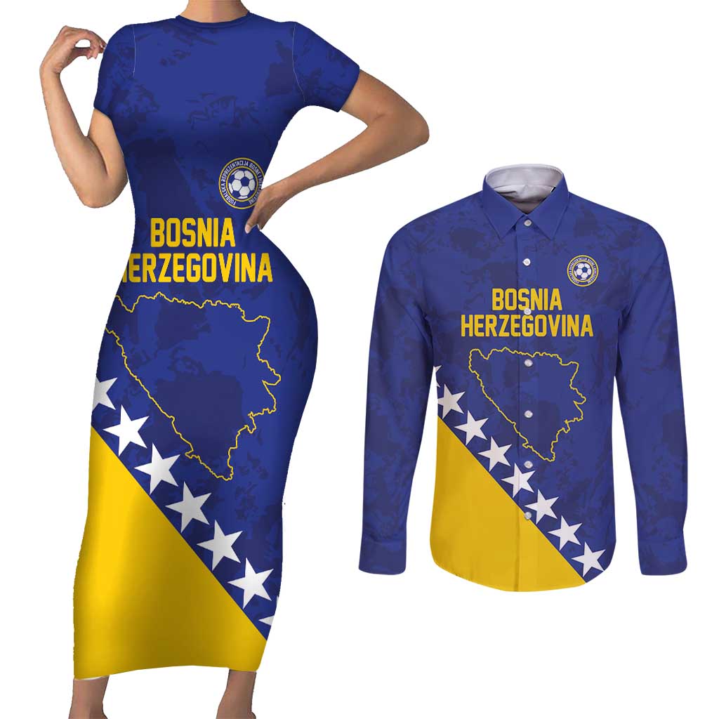 Custom Bosnia and Herzegovina Football Couples Matching Short Sleeve Bodycon Dress and Long Sleeve Button Shirt Go Champion Sporty Style - Wonder Print Shop