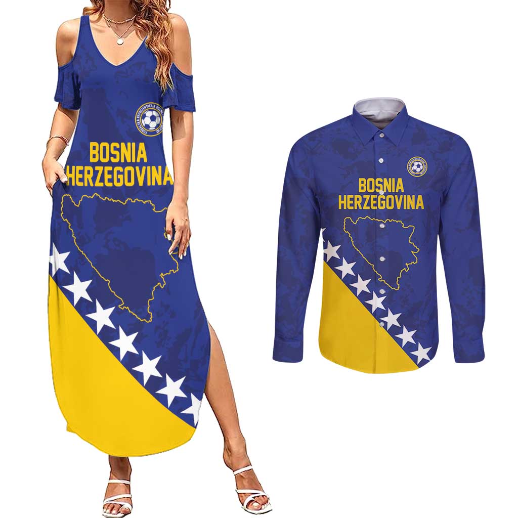 Custom Bosnia and Herzegovina Football Couples Matching Summer Maxi Dress and Long Sleeve Button Shirt Go Champion Sporty Style - Wonder Print Shop