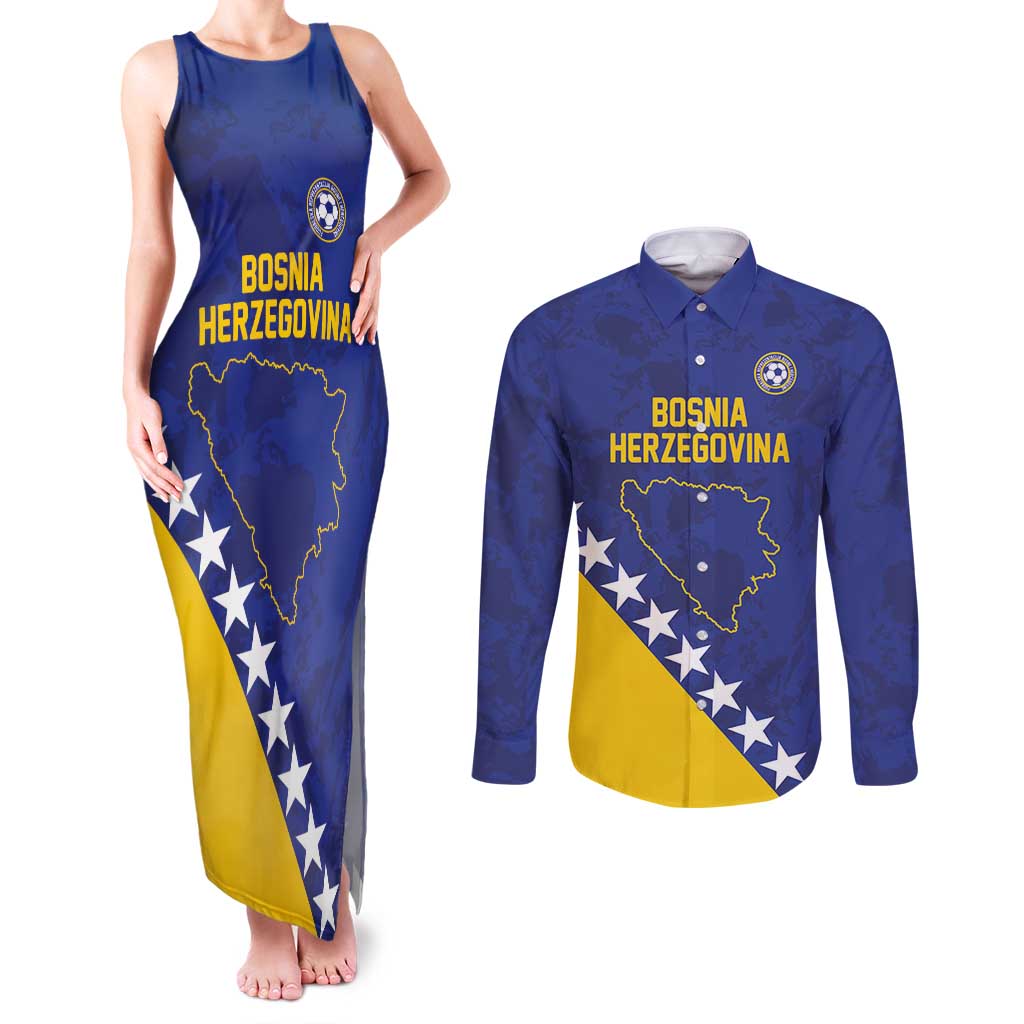 Custom Bosnia and Herzegovina Football Couples Matching Tank Maxi Dress and Long Sleeve Button Shirt Go Champion Sporty Style - Wonder Print Shop