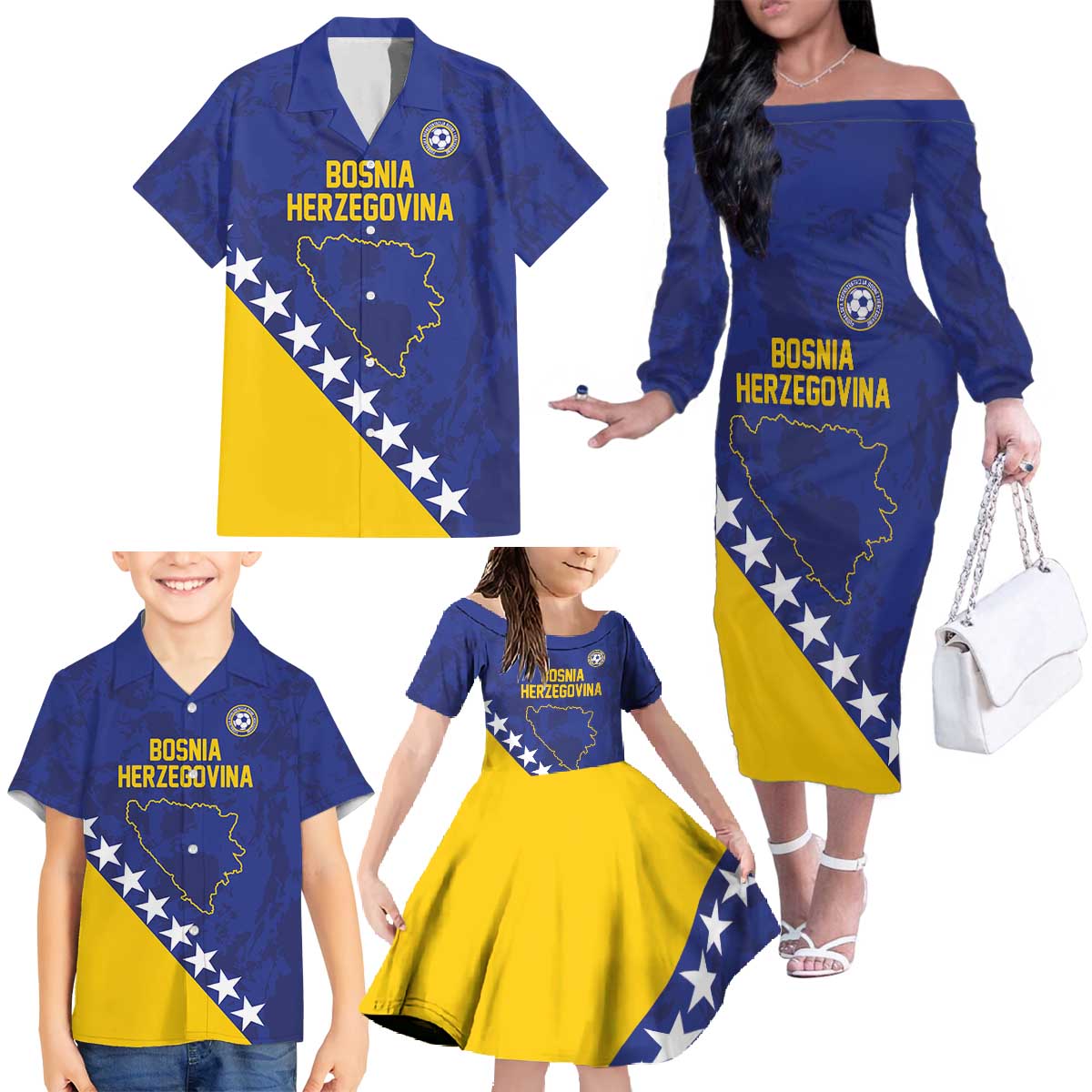 Custom Bosnia and Herzegovina Football Family Matching Off The Shoulder Long Sleeve Dress and Hawaiian Shirt Go Champion Sporty Style - Wonder Print Shop