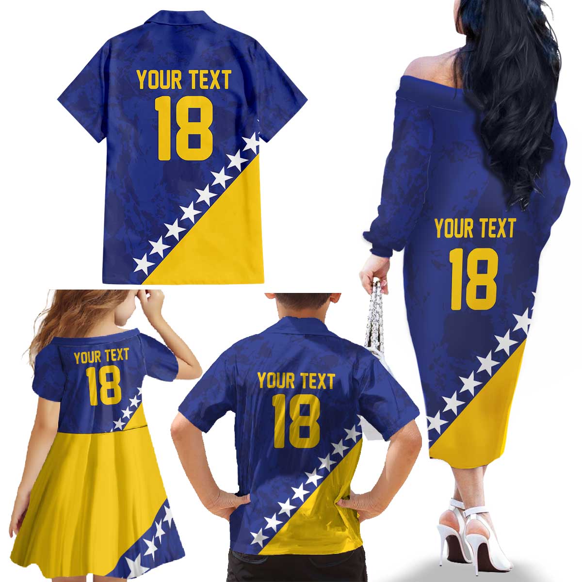 Custom Bosnia and Herzegovina Football Family Matching Off The Shoulder Long Sleeve Dress and Hawaiian Shirt Go Champion Sporty Style - Wonder Print Shop