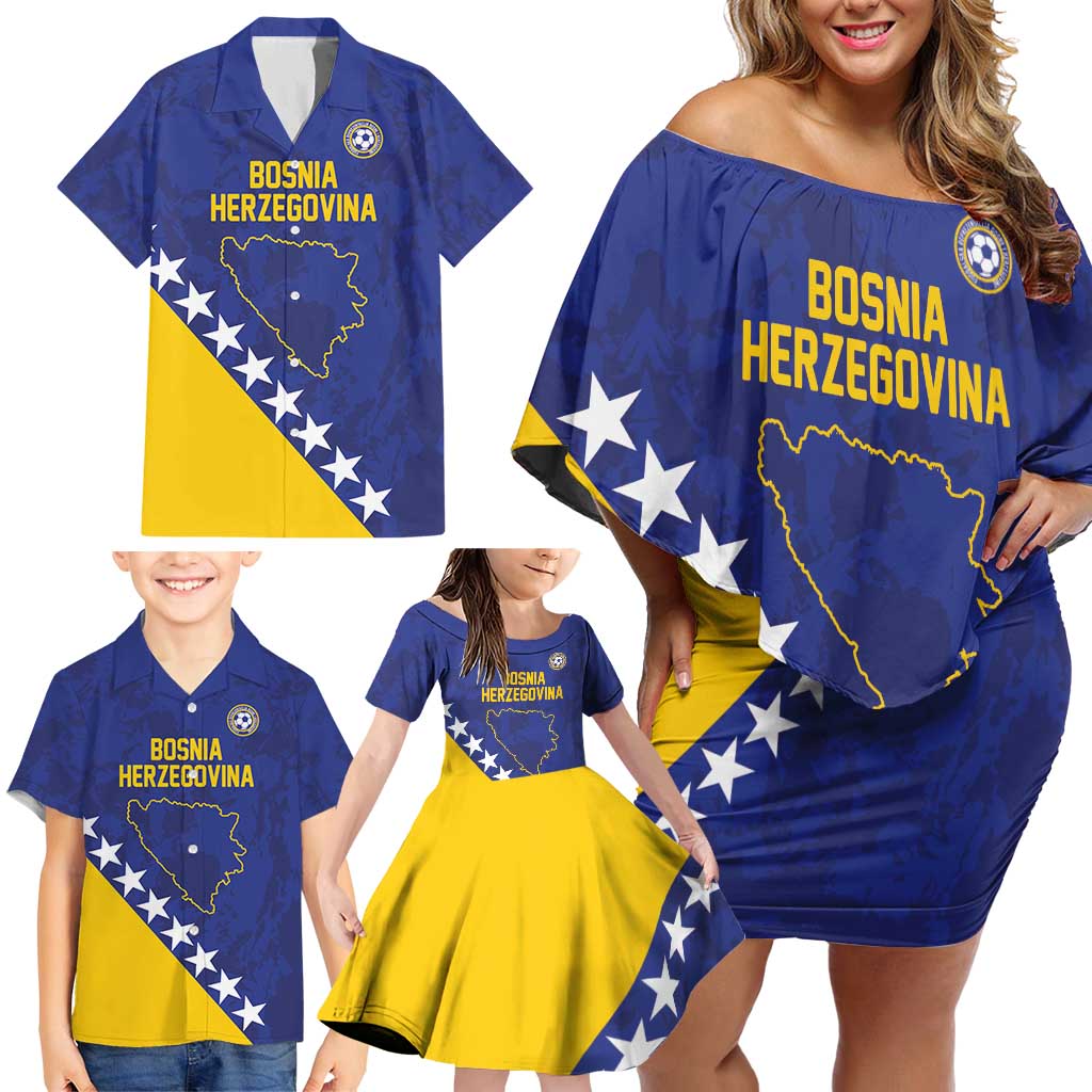 Custom Bosnia and Herzegovina Football Family Matching Off Shoulder Short Dress and Hawaiian Shirt Go Champion Sporty Style - Wonder Print Shop