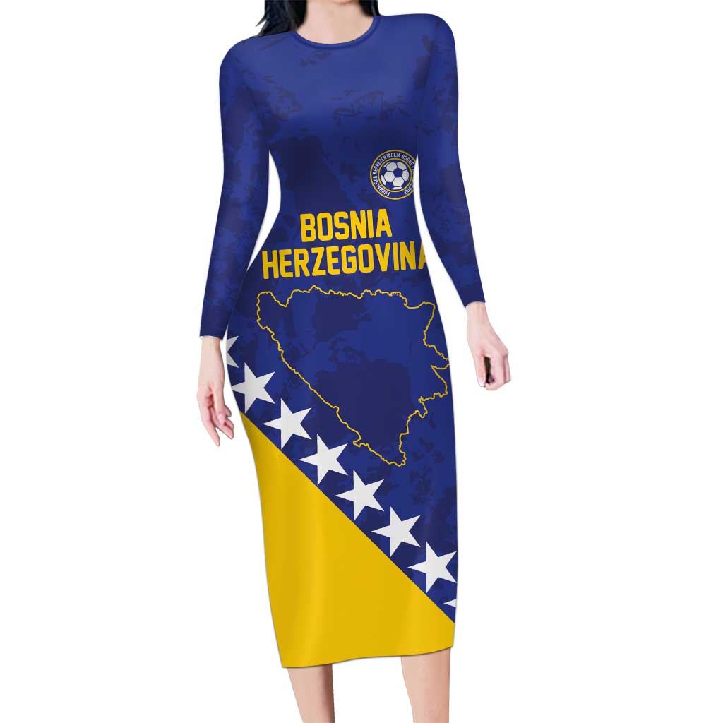 Custom Bosnia and Herzegovina Football Long Sleeve Bodycon Dress Go Champion Sporty Style - Wonder Print Shop