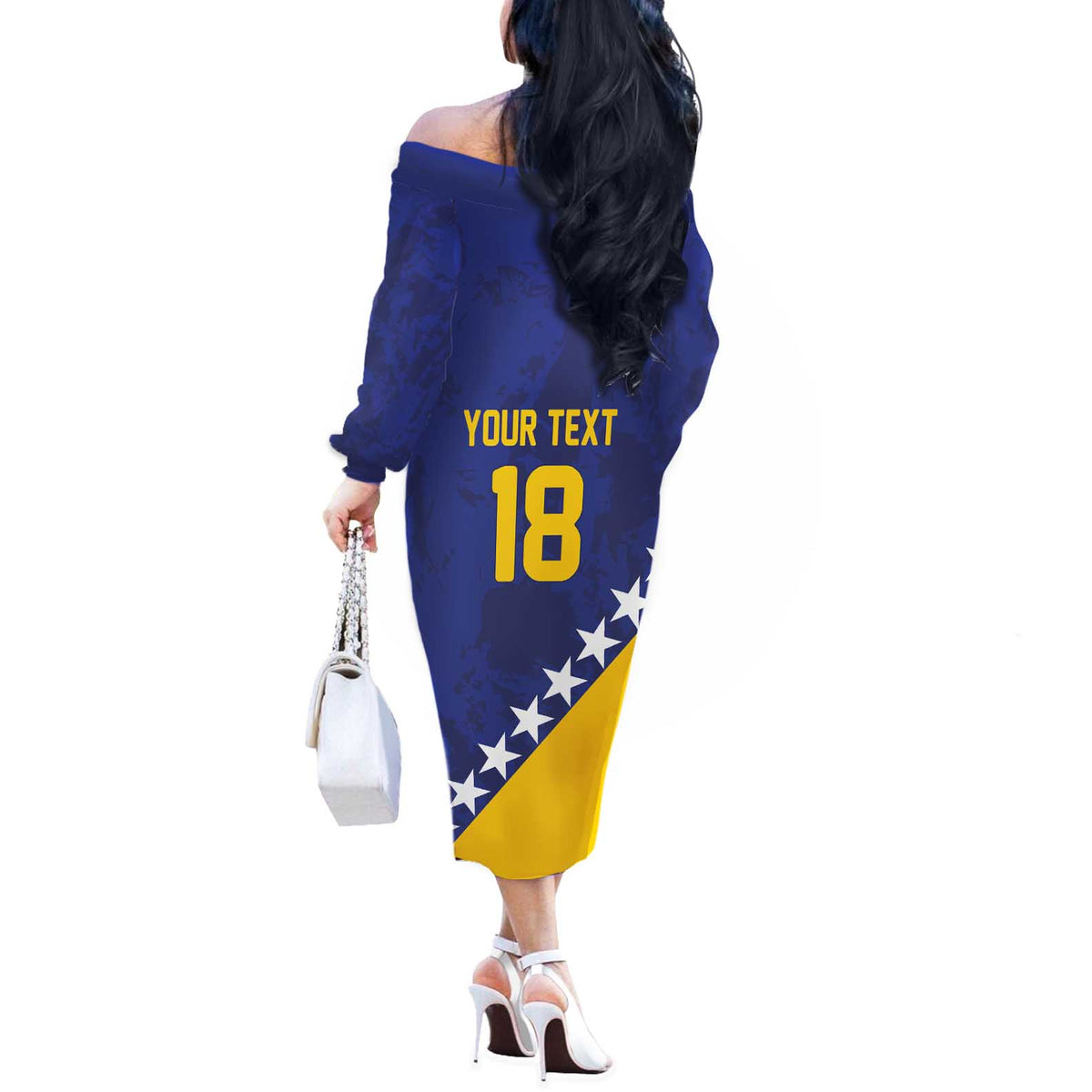 Custom Bosnia and Herzegovina Football Off The Shoulder Long Sleeve Dress Go Champion Sporty Style - Wonder Print Shop