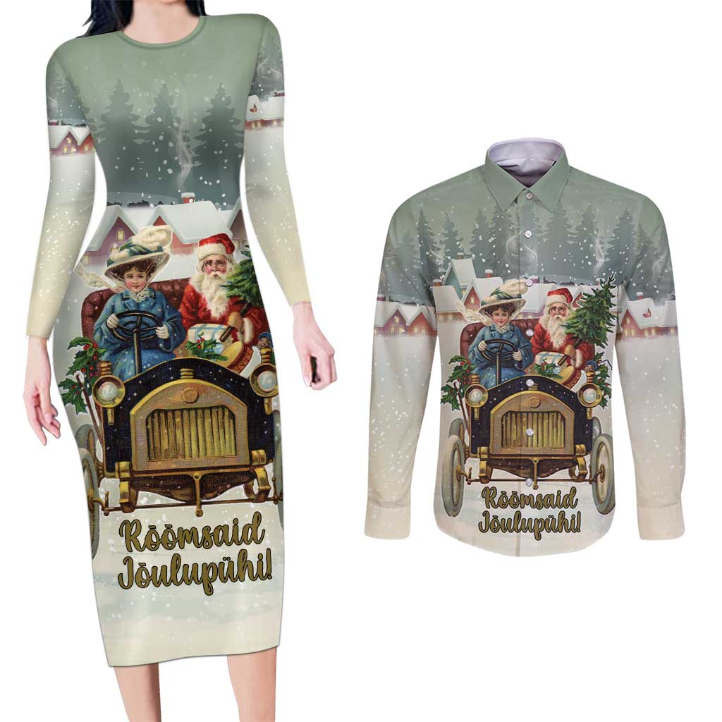 Estonia Christmas Couples Matching Long Sleeve Bodycon Dress and Long Sleeve Button Shirt Roomsaid Joulupuhi - Wonder Print Shop