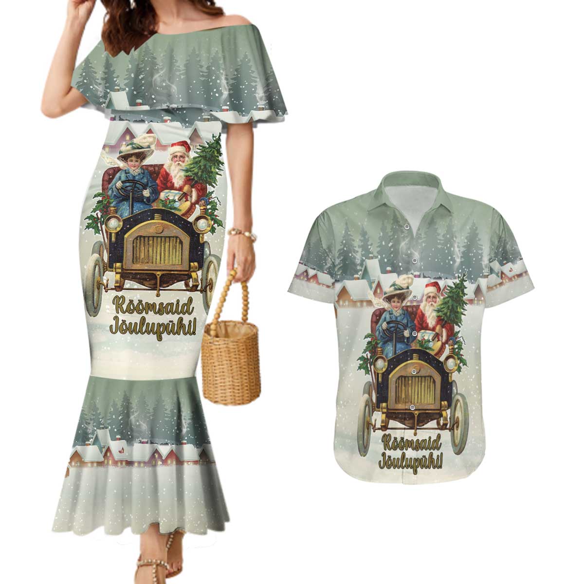 Estonia Christmas Couples Matching Mermaid Dress and Hawaiian Shirt Roomsaid Joulupuhi - Wonder Print Shop