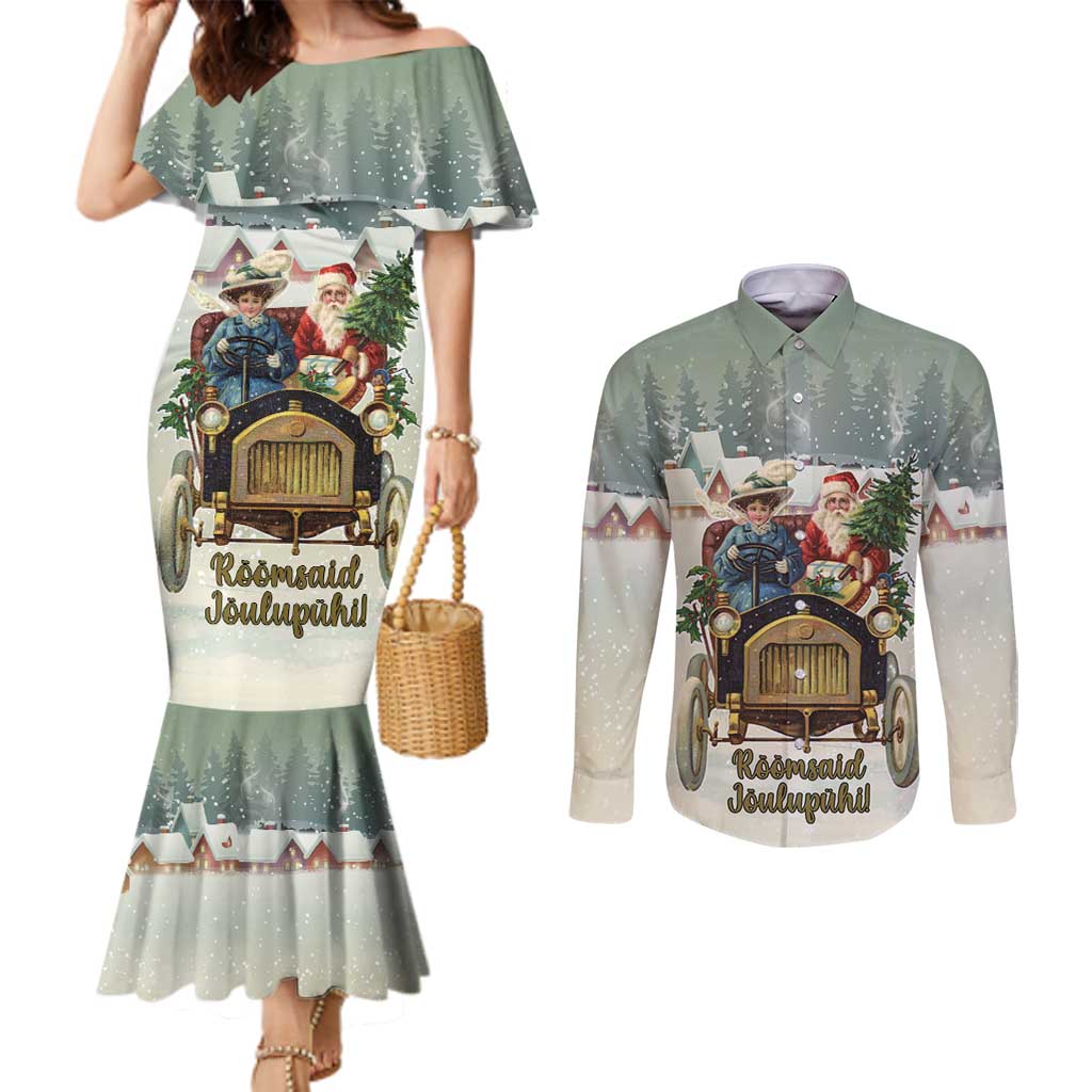 Estonia Christmas Couples Matching Mermaid Dress and Long Sleeve Button Shirt Roomsaid Joulupuhi - Wonder Print Shop