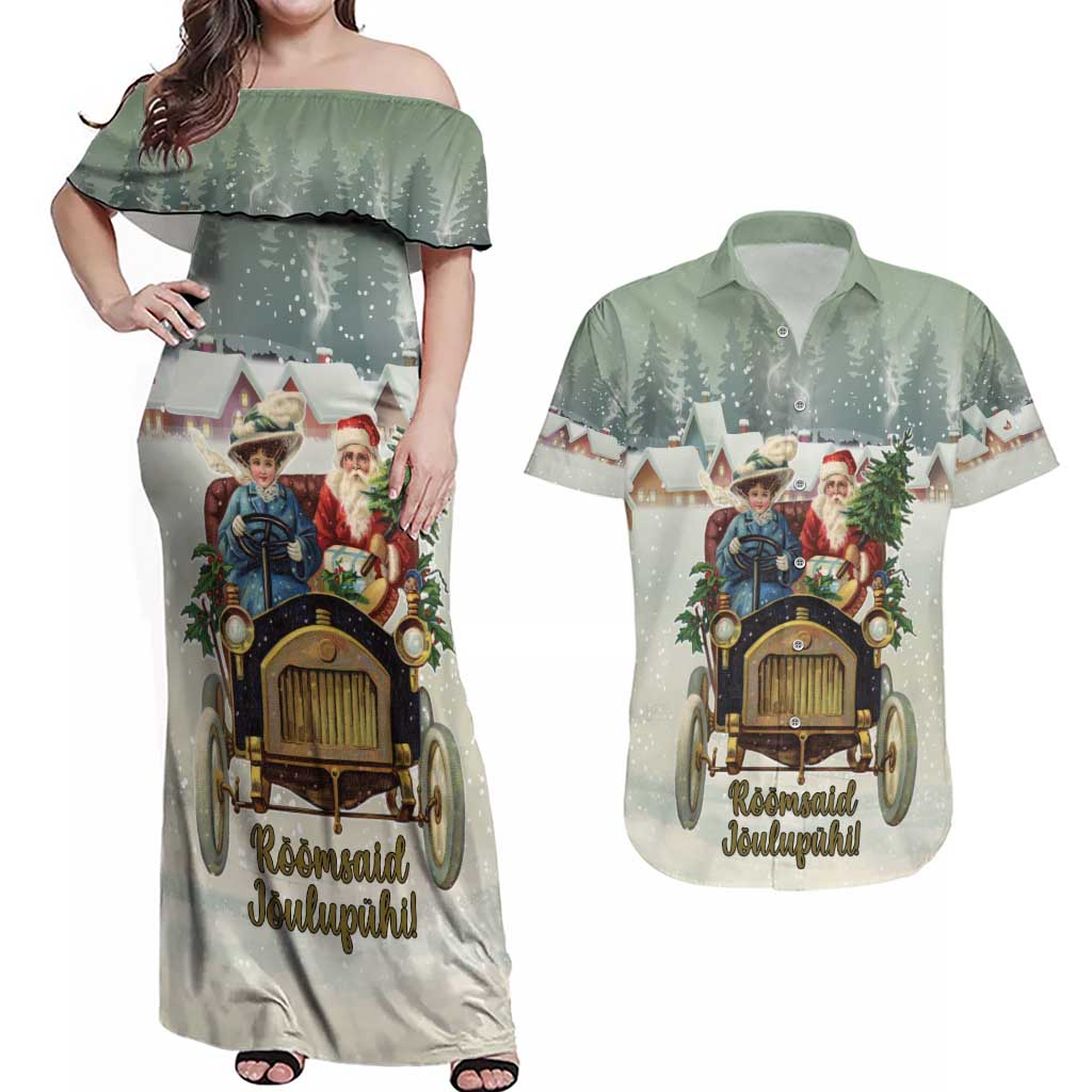 Estonia Christmas Couples Matching Off Shoulder Maxi Dress and Hawaiian Shirt Roomsaid Joulupuhi - Wonder Print Shop