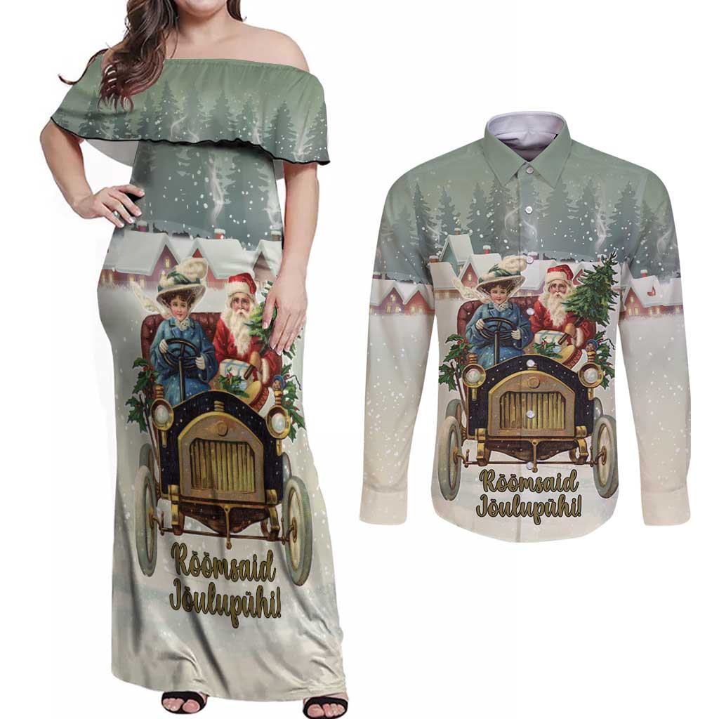 Estonia Christmas Couples Matching Off Shoulder Maxi Dress and Long Sleeve Button Shirt Roomsaid Joulupuhi - Wonder Print Shop
