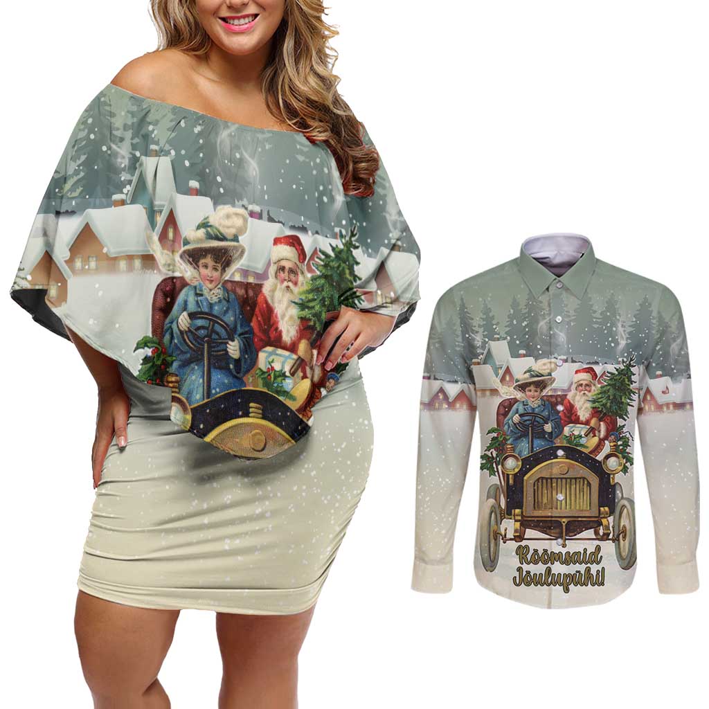 Estonia Christmas Couples Matching Off Shoulder Short Dress and Long Sleeve Button Shirt Roomsaid Joulupuhi - Wonder Print Shop