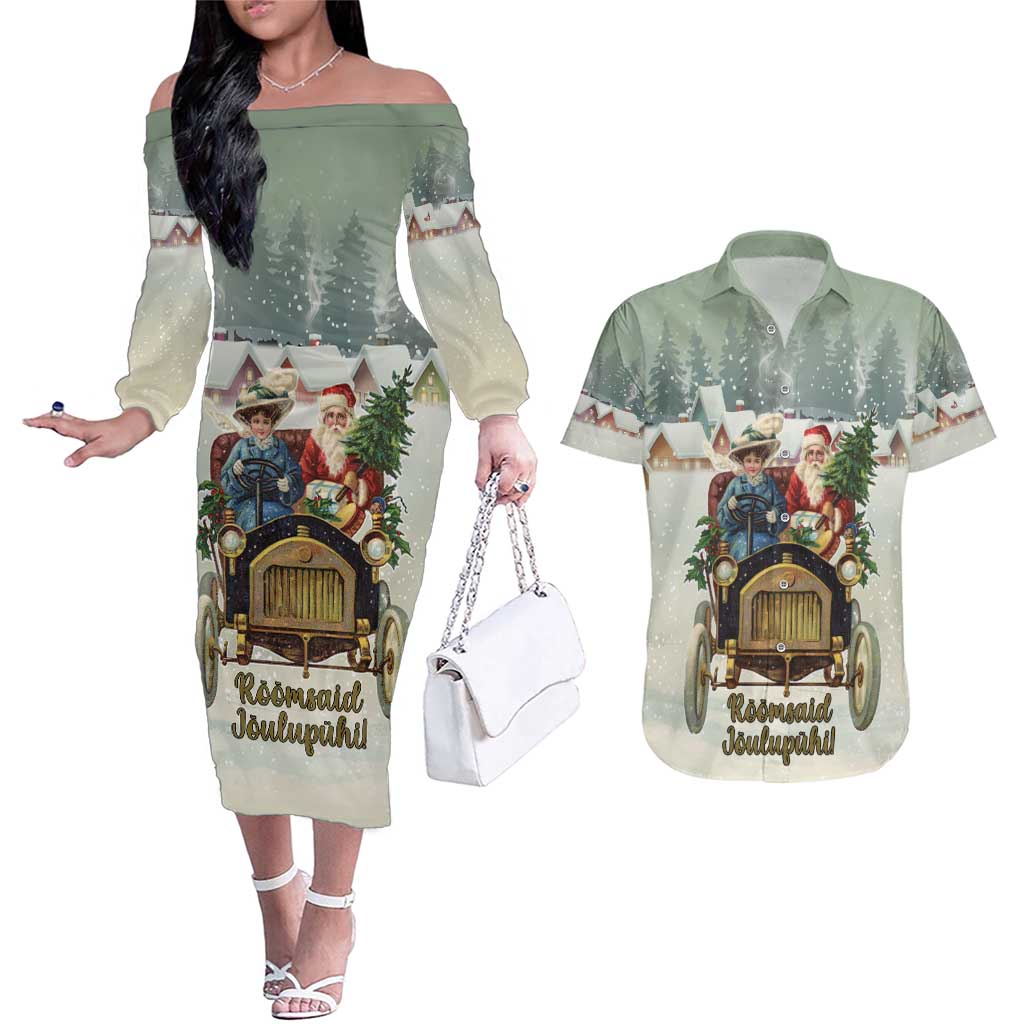 Estonia Christmas Couples Matching Off The Shoulder Long Sleeve Dress and Hawaiian Shirt Roomsaid Joulupuhi - Wonder Print Shop
