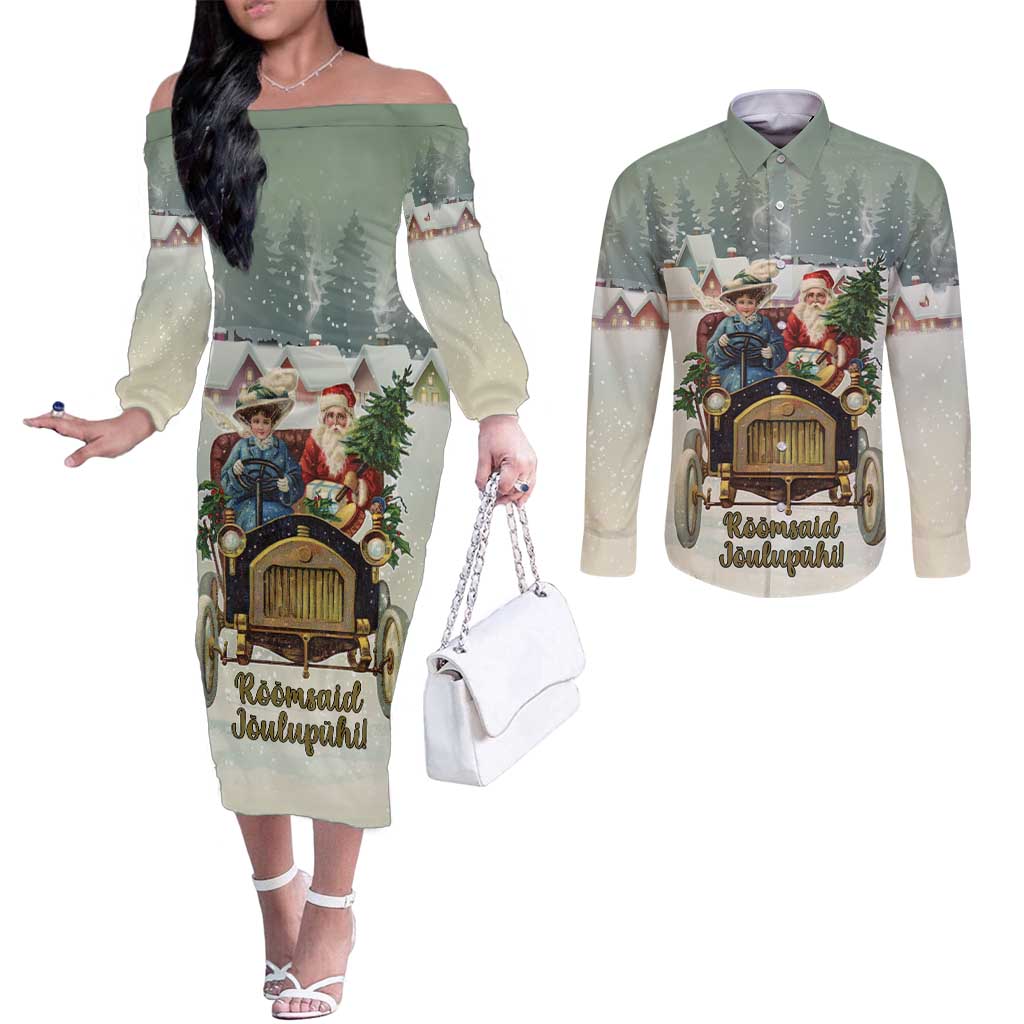 Estonia Christmas Couples Matching Off The Shoulder Long Sleeve Dress and Long Sleeve Button Shirt Roomsaid Joulupuhi - Wonder Print Shop