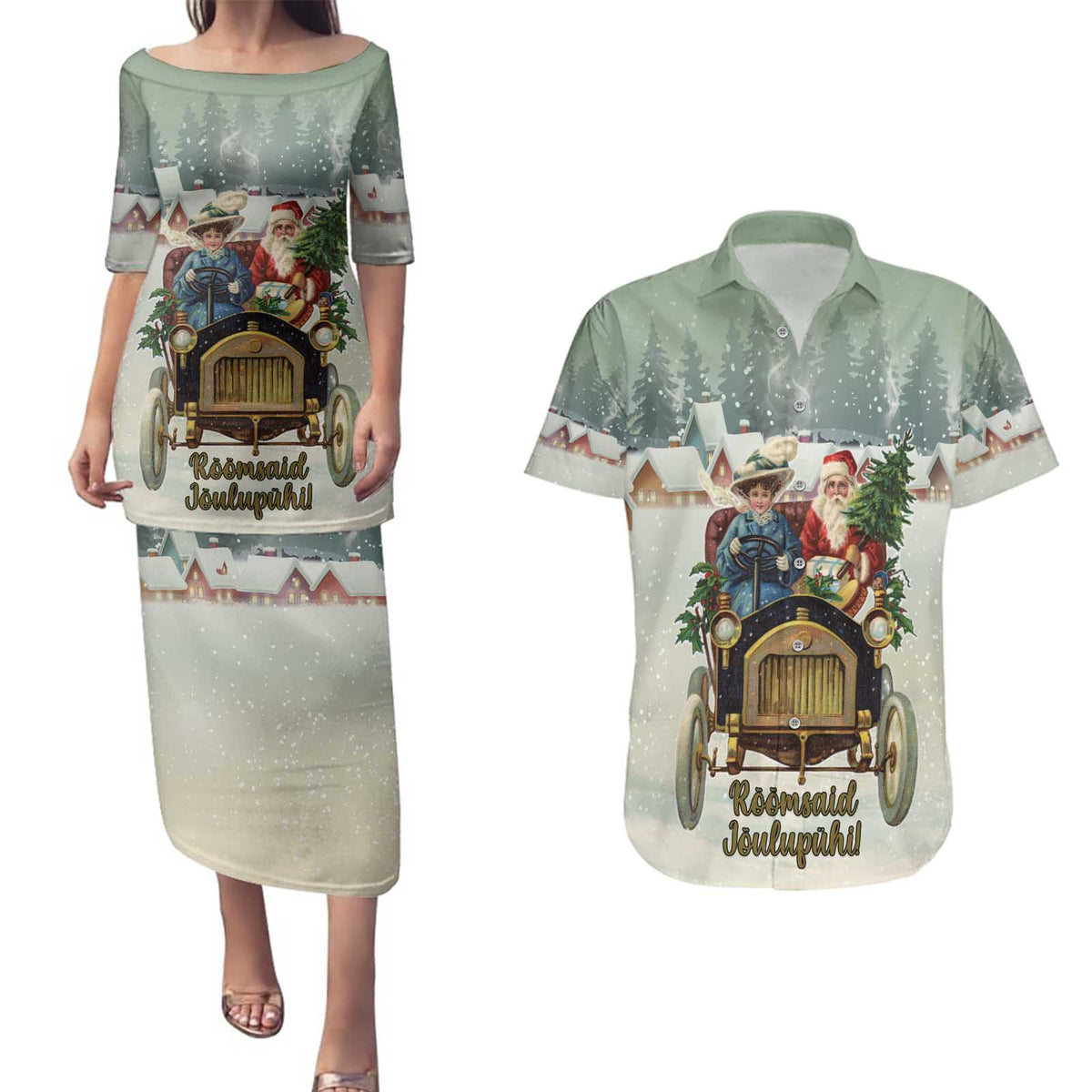Estonia Christmas Couples Matching Puletasi and Hawaiian Shirt Roomsaid Joulupuhi - Wonder Print Shop
