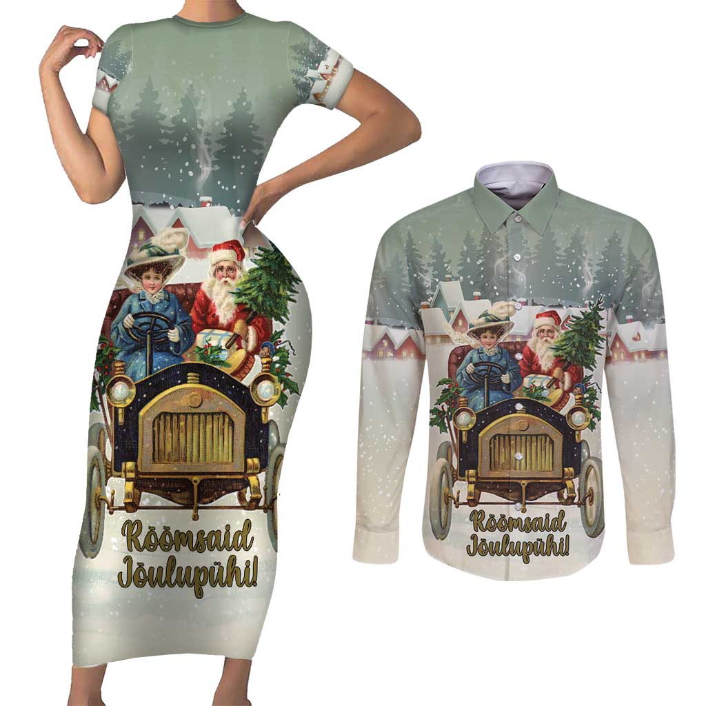 Estonia Christmas Couples Matching Short Sleeve Bodycon Dress and Long Sleeve Button Shirt Roomsaid Joulupuhi - Wonder Print Shop