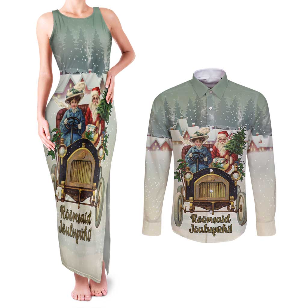 Estonia Christmas Couples Matching Tank Maxi Dress and Long Sleeve Button Shirt Roomsaid Joulupuhi - Wonder Print Shop
